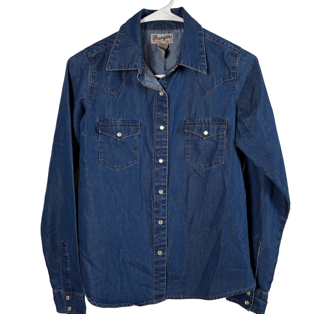 Wrangler‎ Denim Shirt Womens S Blue Pearl Snap Western Rancher Cowgirl Country